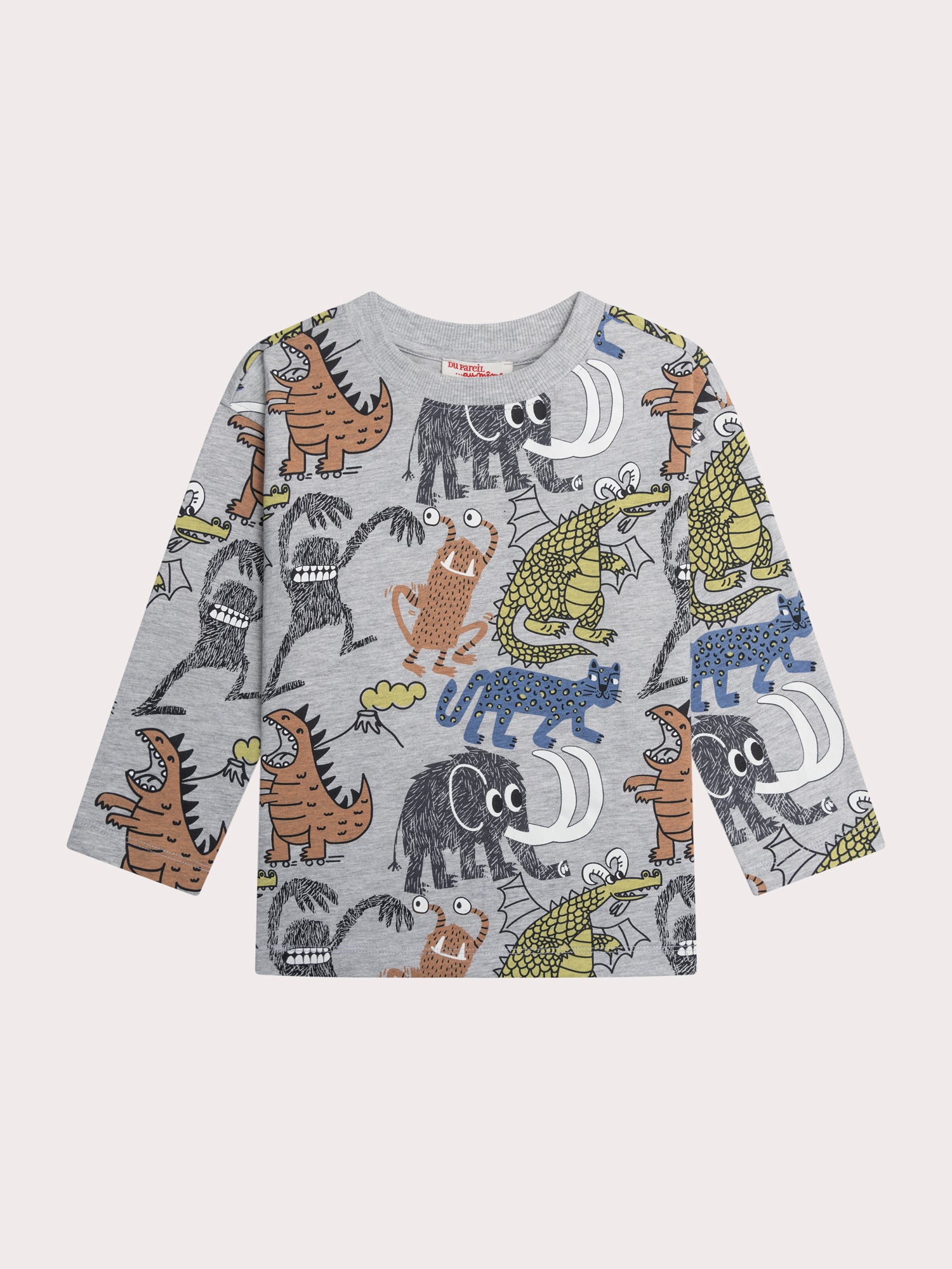 Grau meliertes T-Shirt mit Tier- und Monsterdruck