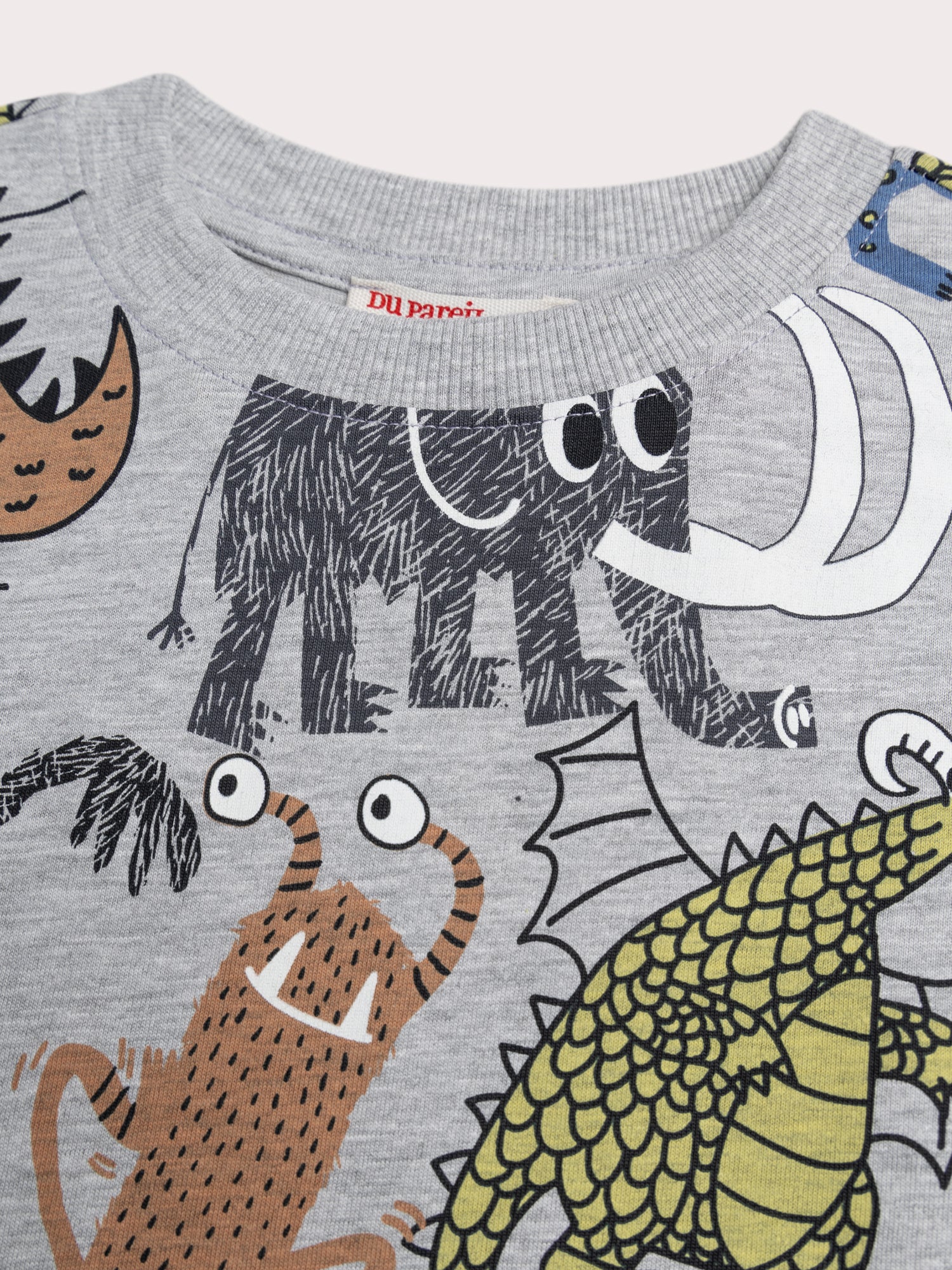 Grau meliertes T-Shirt mit Tier- und Monsterdruck