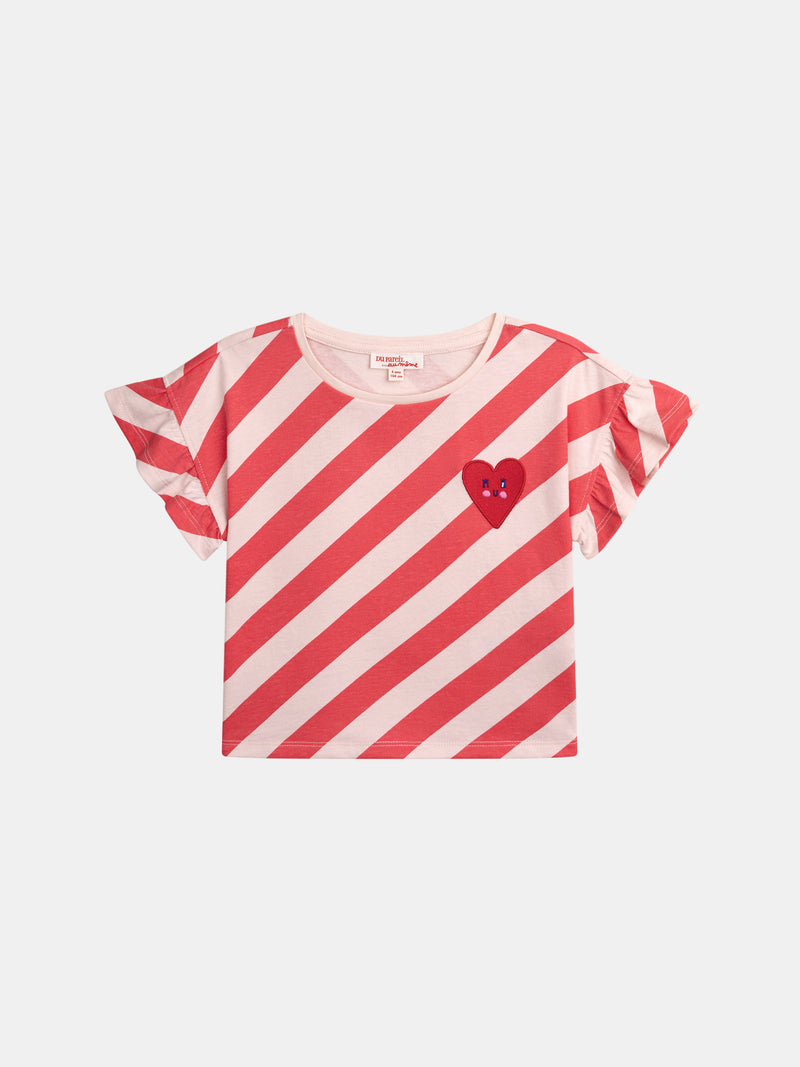 Rosa gestreiftes T-Shirt mit kurzen Ärmeln und Abzeichen für Mädchen