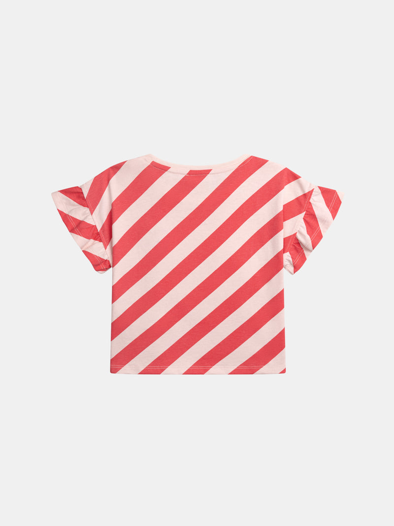 Rosa gestreiftes T-Shirt mit kurzen Ärmeln und Abzeichen für Mädchen