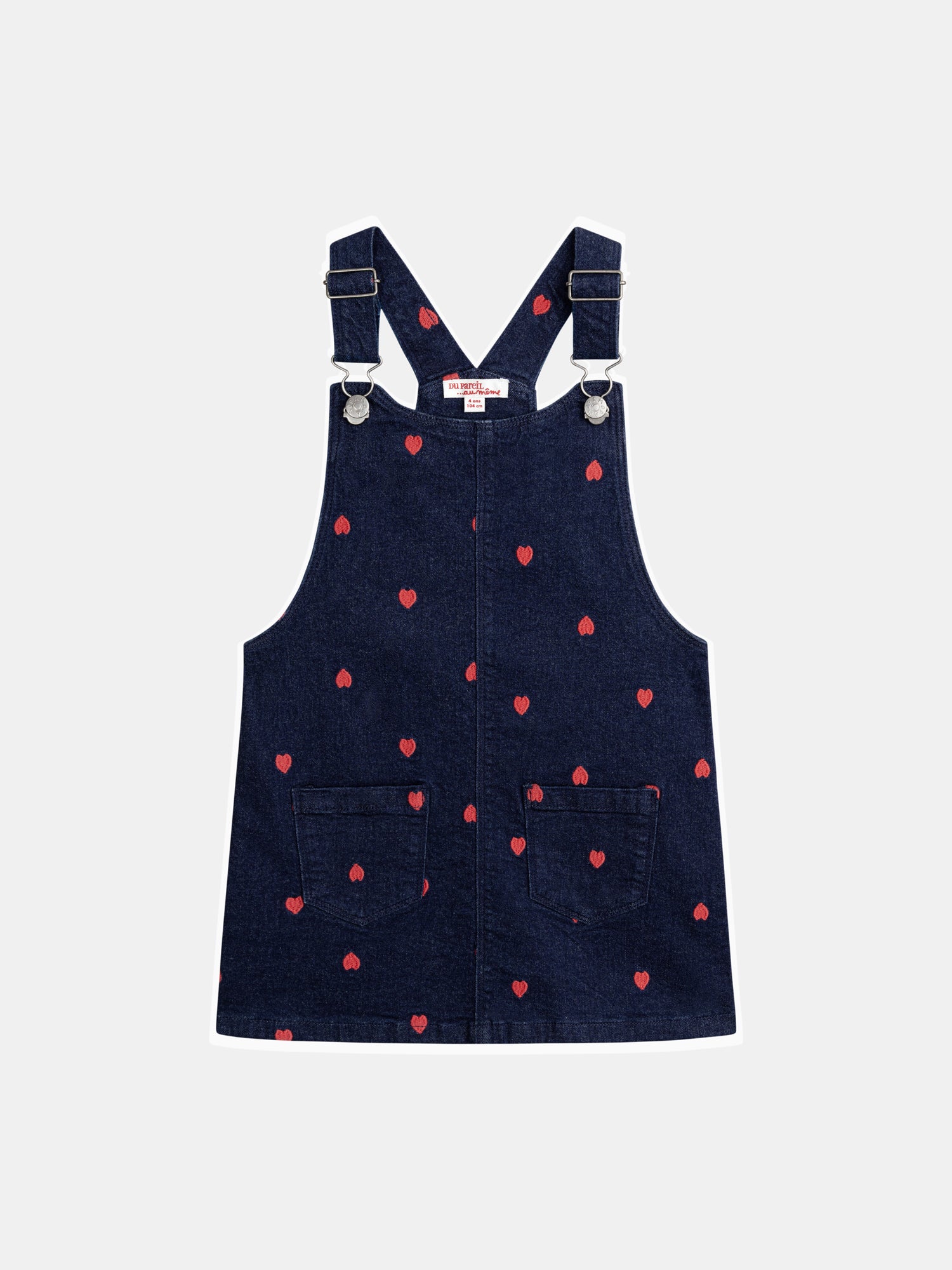 Robe-salopette bleu en denim et broderies cœur pour fille