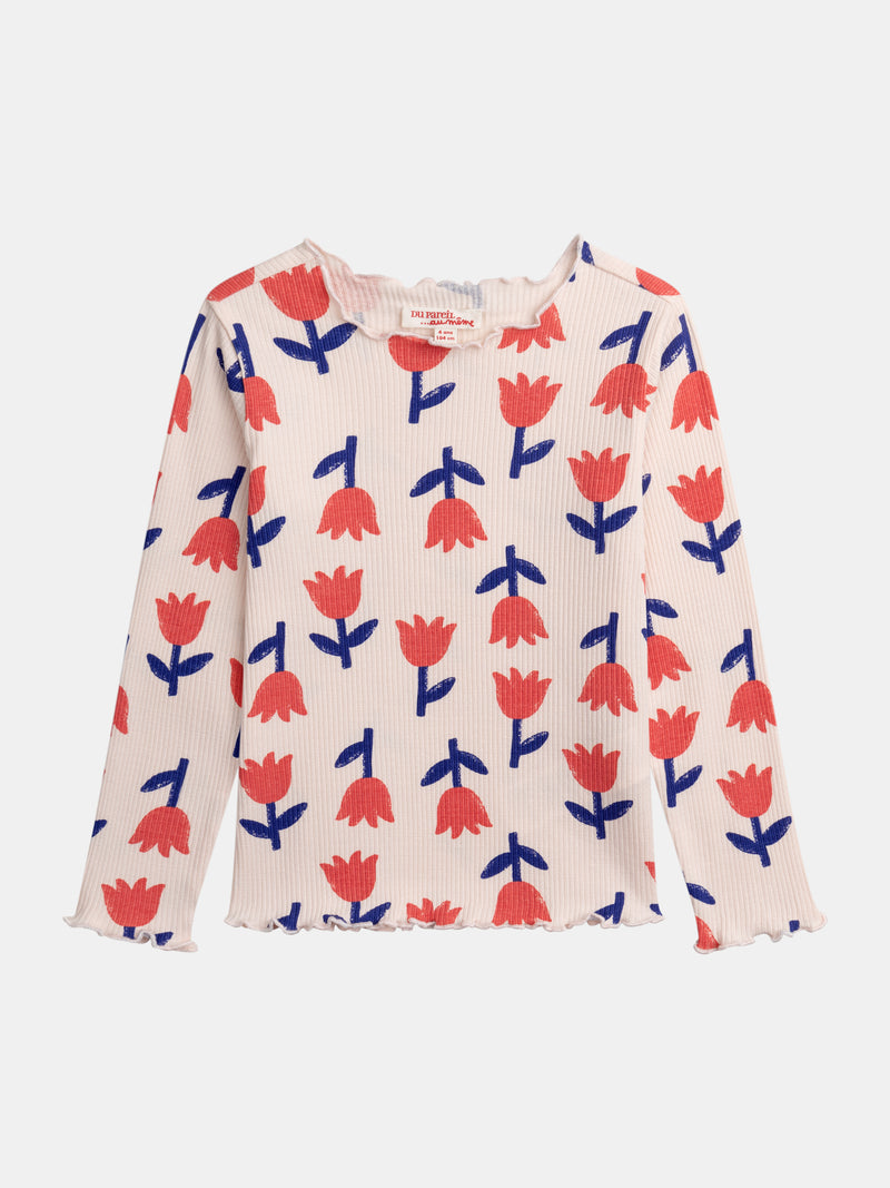 Ripp-T-Shirt mit langen Ärmel in Rosa mit Mohnblumenmotiv für Mädchen