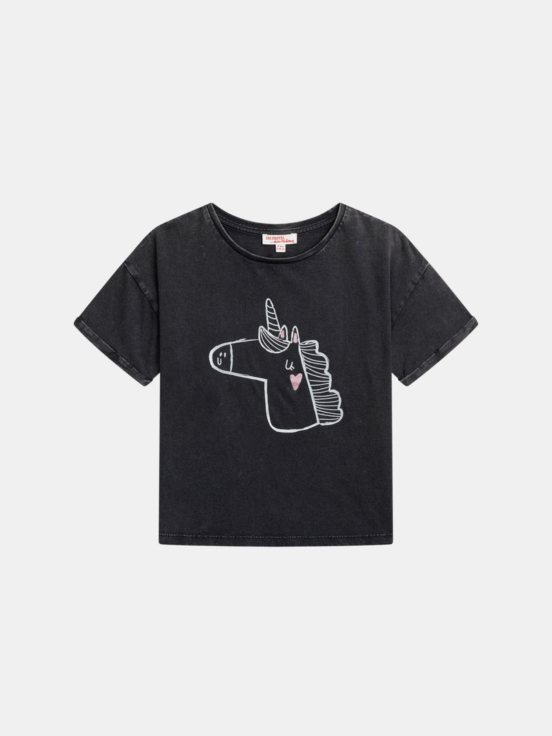 Dunkelgraues T-Shirt mit Einhornanimation für Mädchen