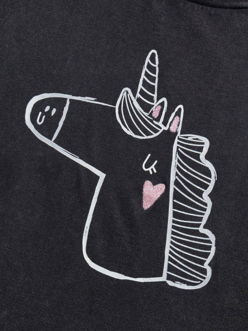 Dunkelgraues T-Shirt mit Einhornanimation für Mädchen