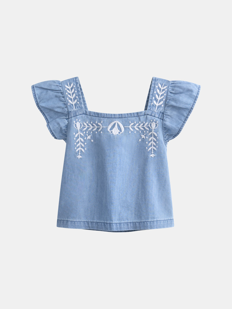 Blaue Bluse mit Blumenstickerei für Mädchen