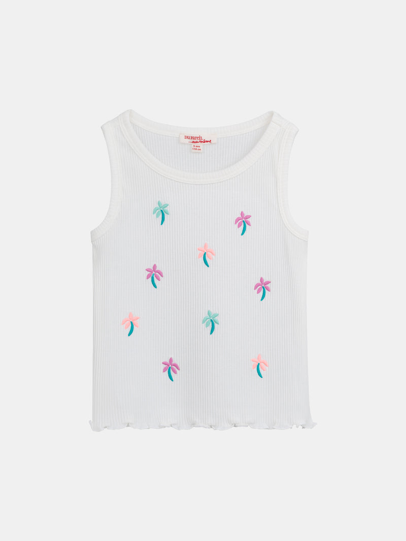 Ecru-Spitzen-Tanktop mit Palmenstickerei für Mädchen