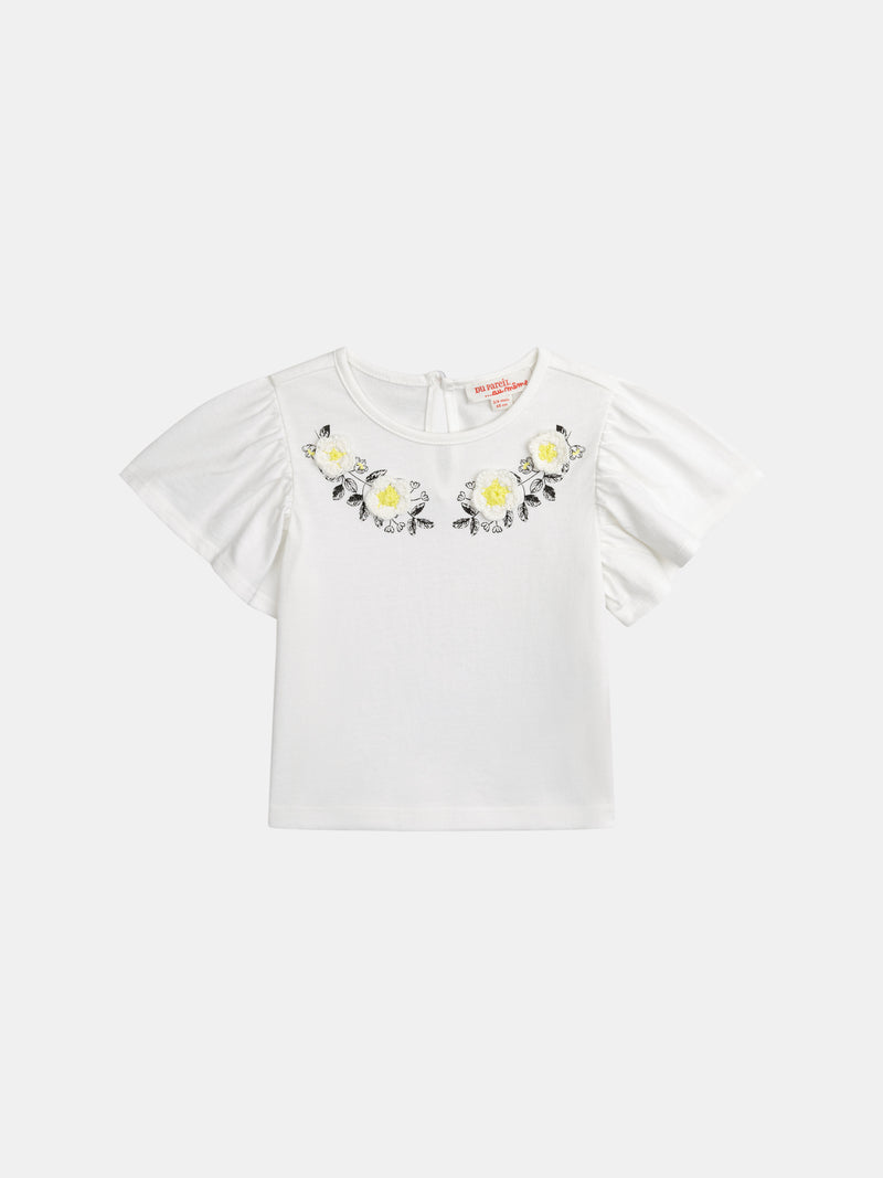Ecru besticktes Blümchen-T-Shirt mit Rüschensleeves für Mädchen