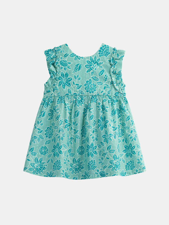 Wassergrün, komplett gemustertes Blumenkleid für Mädchen