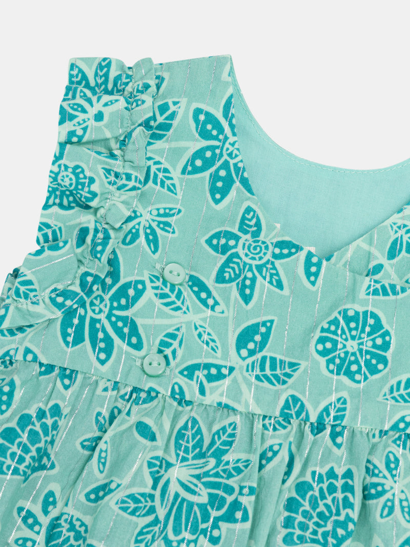 Wassergrün, komplett gemustertes Blumenkleid für Mädchen