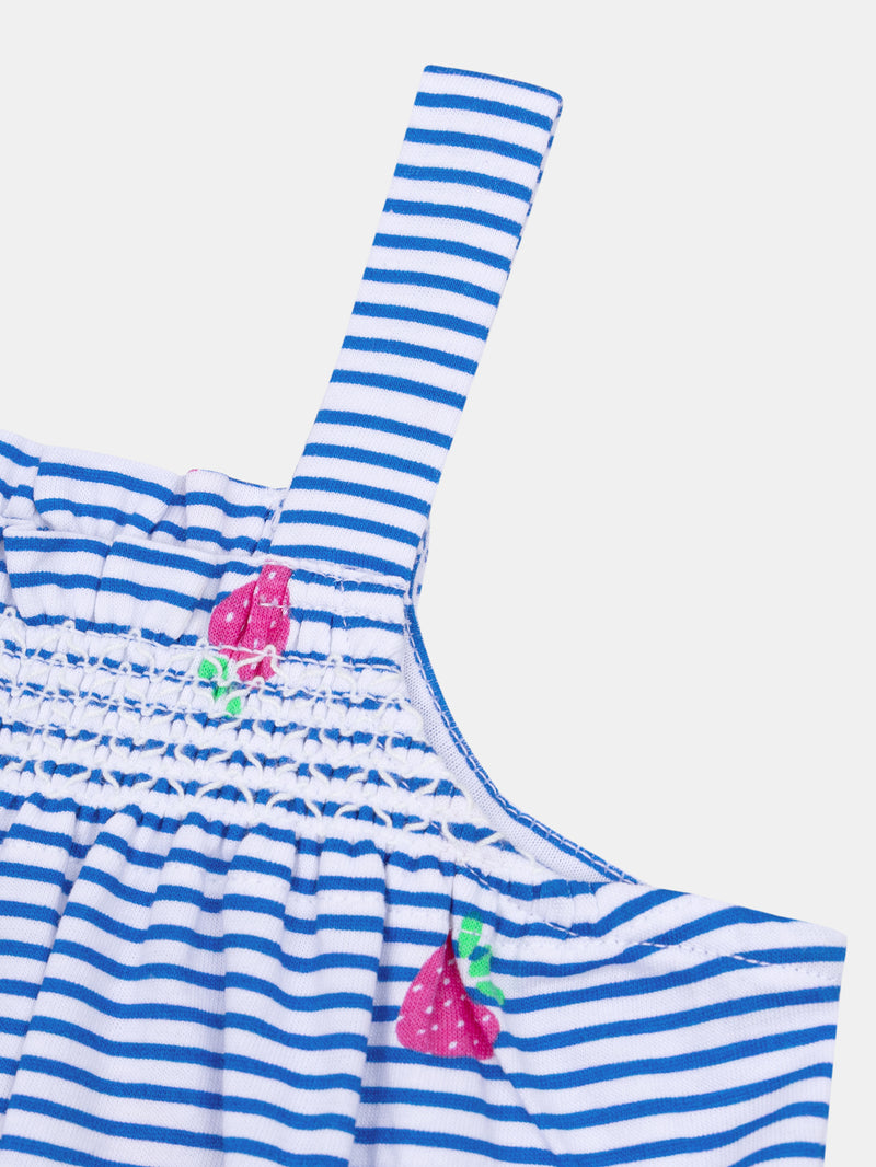 Gestreifte blau-weiße Babykombination mit Erdbeer-Motiv für Mädchen