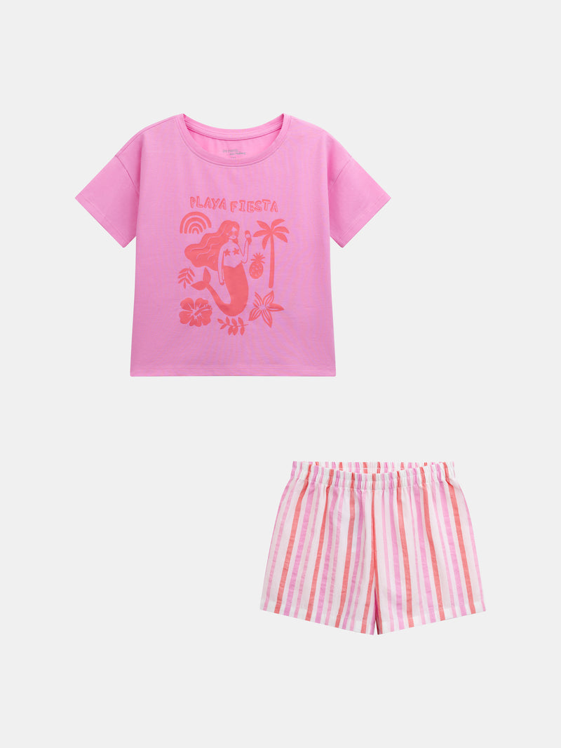 Kurzer pinker Pyjama mit "Playa Fiesta"-Druck für Mädchen