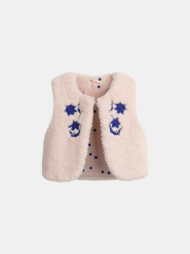 Cardigan rose pâle sans manches broderies fleurs pour fille