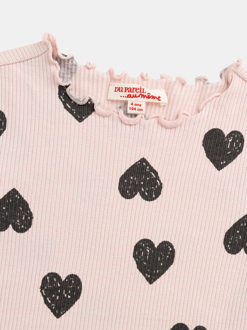 T-shirt rose à manches longues et imprimé coeur pour fille