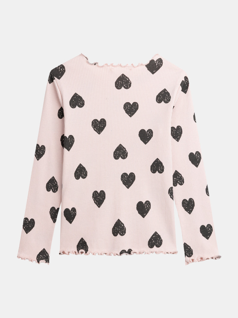 T-shirt rose à manches longues et imprimé coeur pour fille