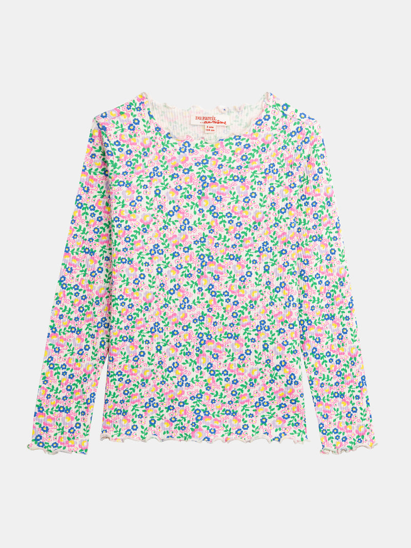 T-shirt écru à manches longues et imprimé floral pour fille