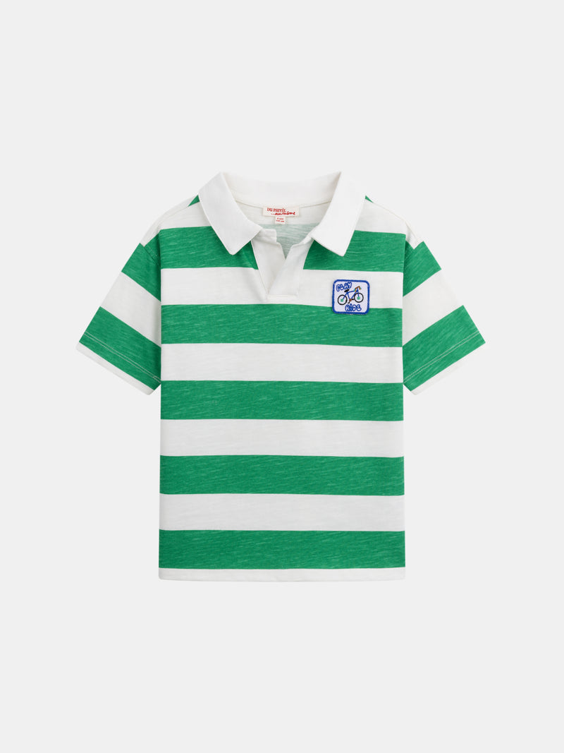 Ecru Polo T-Shirt mit grünen Streifen für Jungen