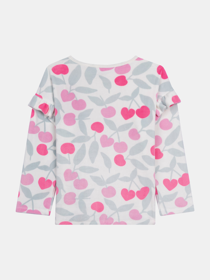 Pyjama volanté en velours ultra-doux écru motif cerises & détails fluo pour enfant fille