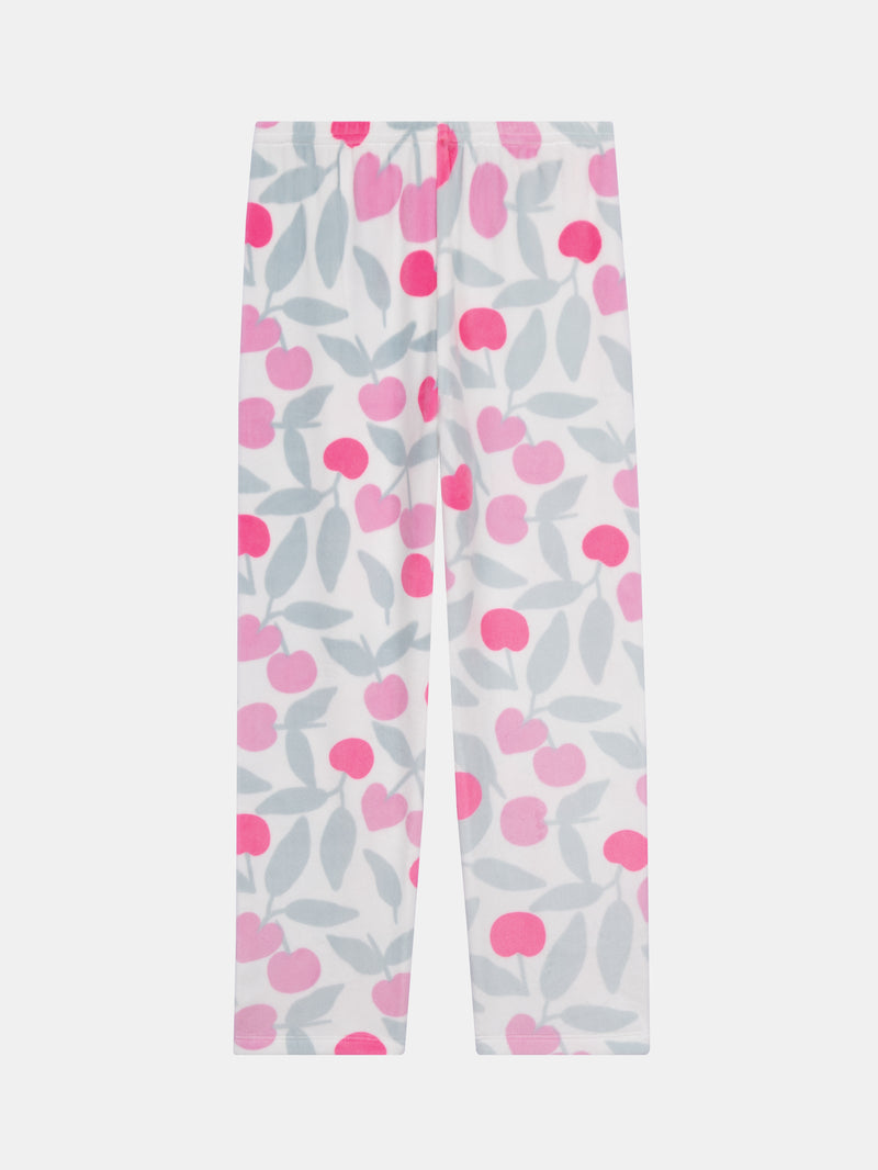 Pyjama volanté en velours ultra-doux écru motif cerises & détails fluo pour enfant fille