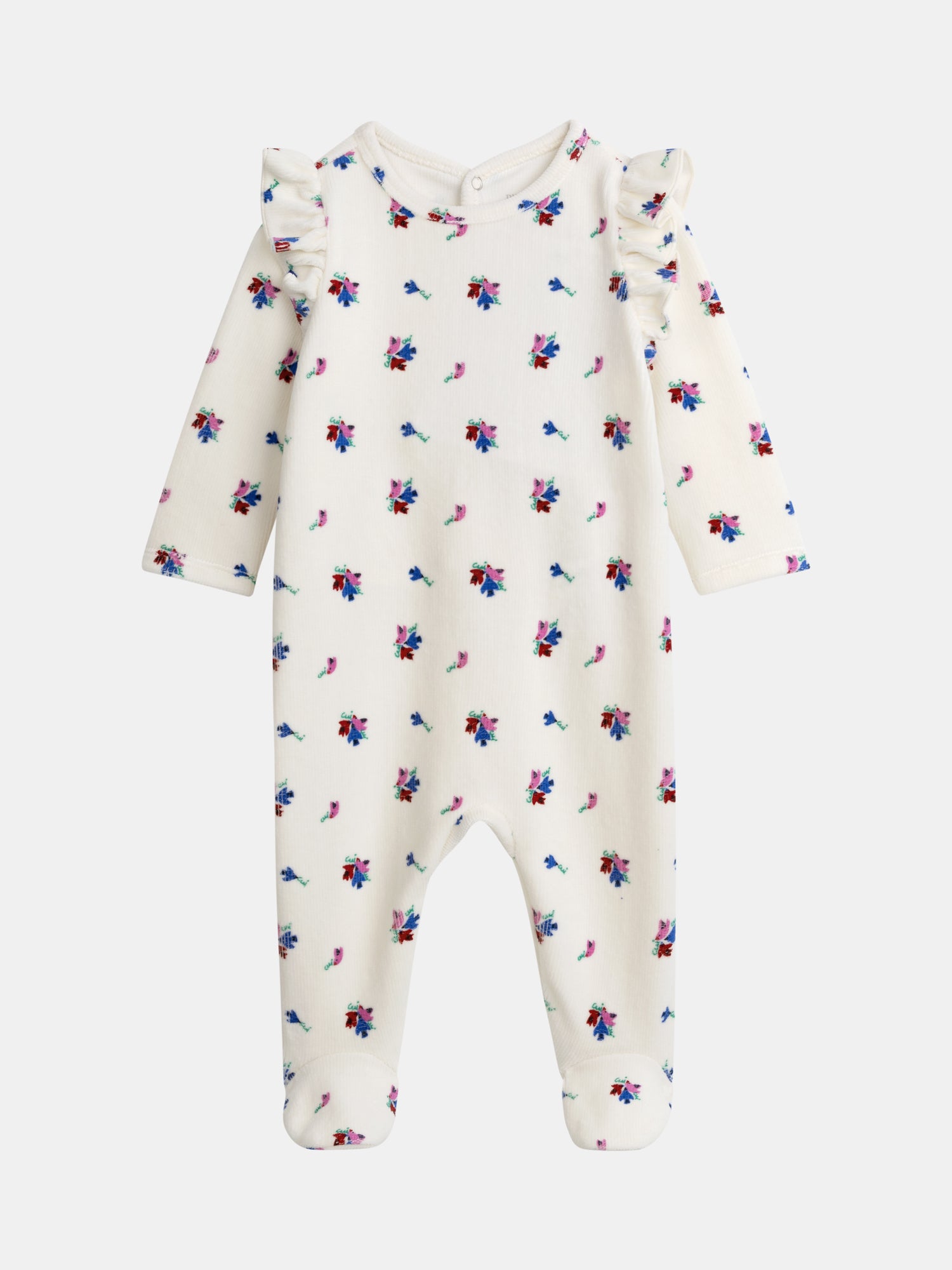 Grenouillère écrue à volants avec motifs petits oiseaux et fleurs pour bébé fille