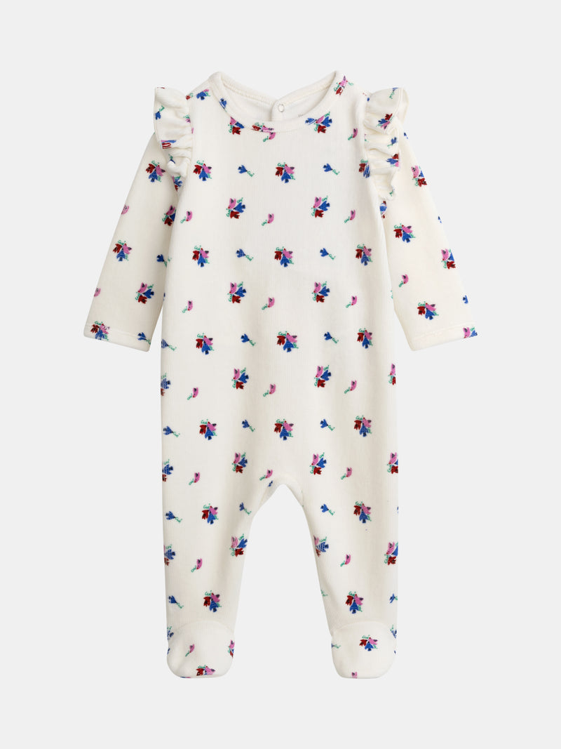 Grenouillère écrue à volants avec motifs petits oiseaux et fleurs pour bébé fille