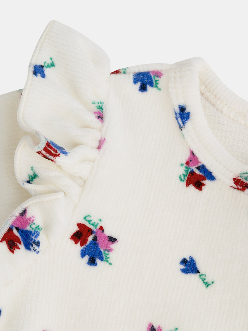 Grenouillère écrue à volants avec motifs petits oiseaux et fleurs pour bébé fille
