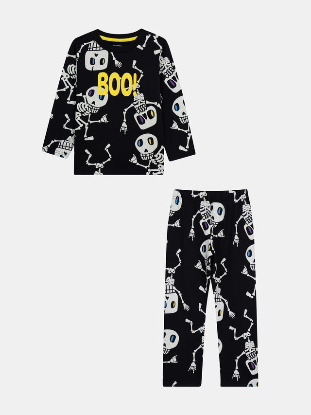 Phosphoreszierendes 2-teiliges Pyjama mit Skeletten „BOO!“ für Jungen