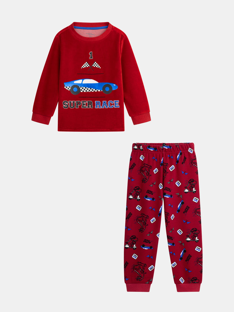 Zweiteiliges Samt-Pyjama mit Rennwagenmuster für Jungen