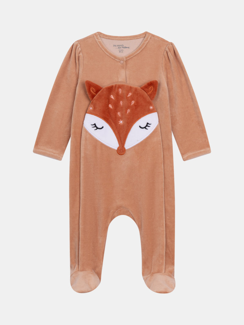 Karamellfarbener Samt-Einteiler mit Fuchs-Muster für Mädchen