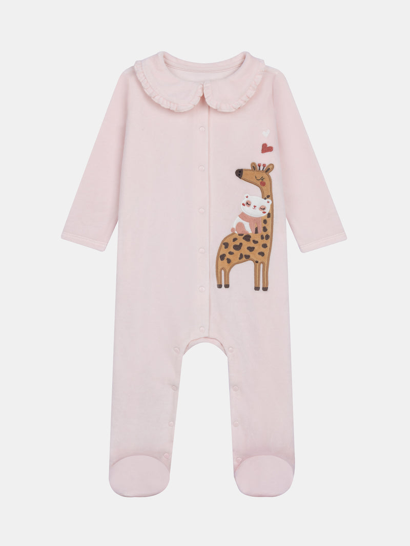 Rosa Plüschschlafanzug mit Giraffe und Panda für Mädchen