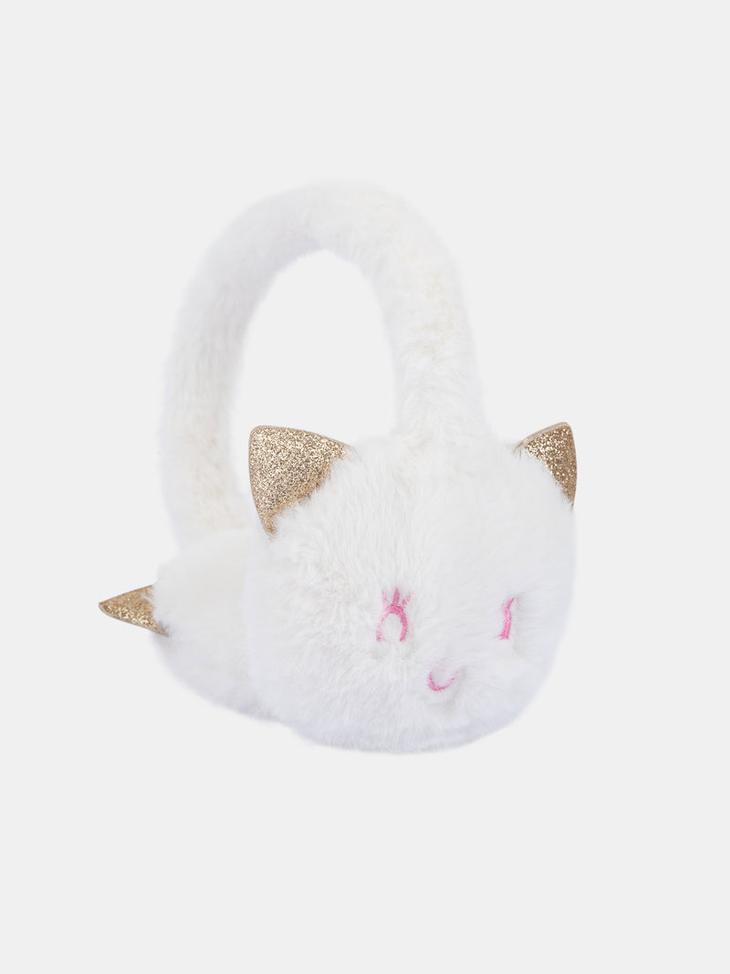 Cremefarbene Ohrenwärmer mit Katzenkopf-Motiv für Mädchen