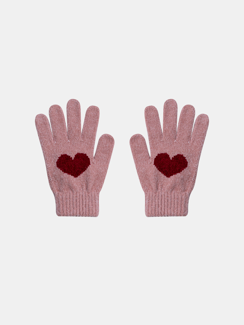 Gants rose en tricot à coeur rouge pour fille