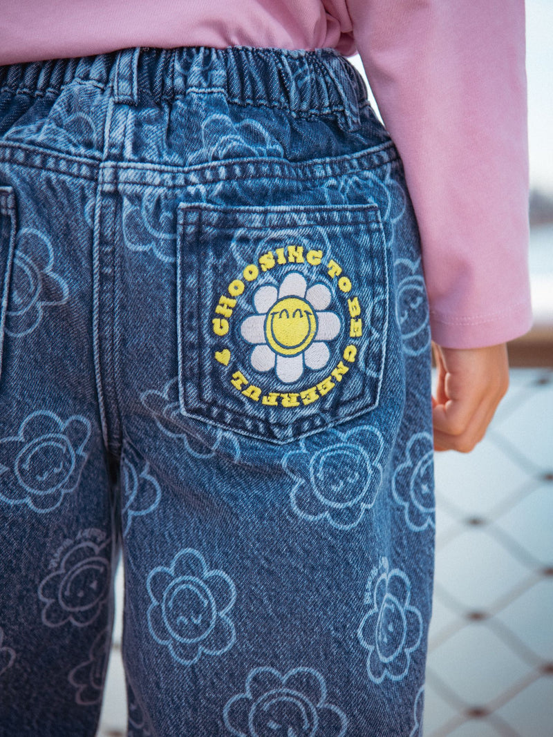 Jean bleu à imprimé SMILEYWORLD fleurs pour fille