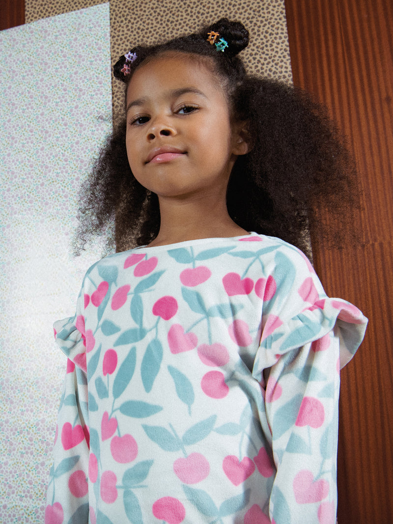 Pyjama volanté en velours ultra-doux écru motif cerises & détails fluo pour enfant fille