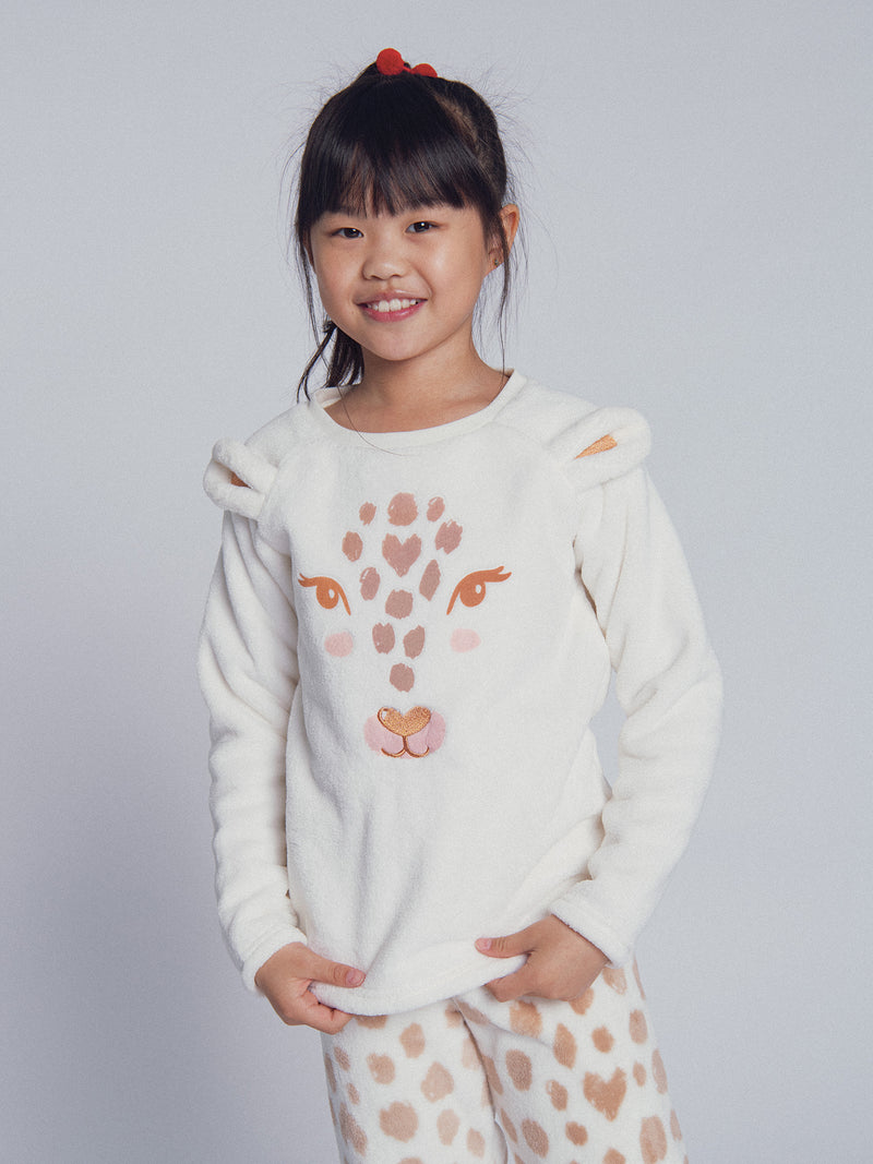 Cremefarbener Pyjama "Leopardkopf" für Mädchen