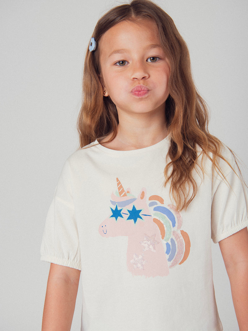 Ecru T-Shirt mit Einhornkopf-Animation für Mädchen