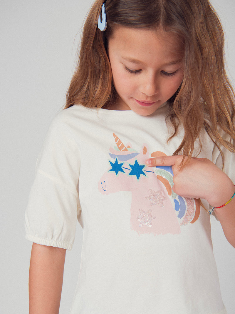 Ecru T-Shirt mit Einhornkopf-Animation für Mädchen
