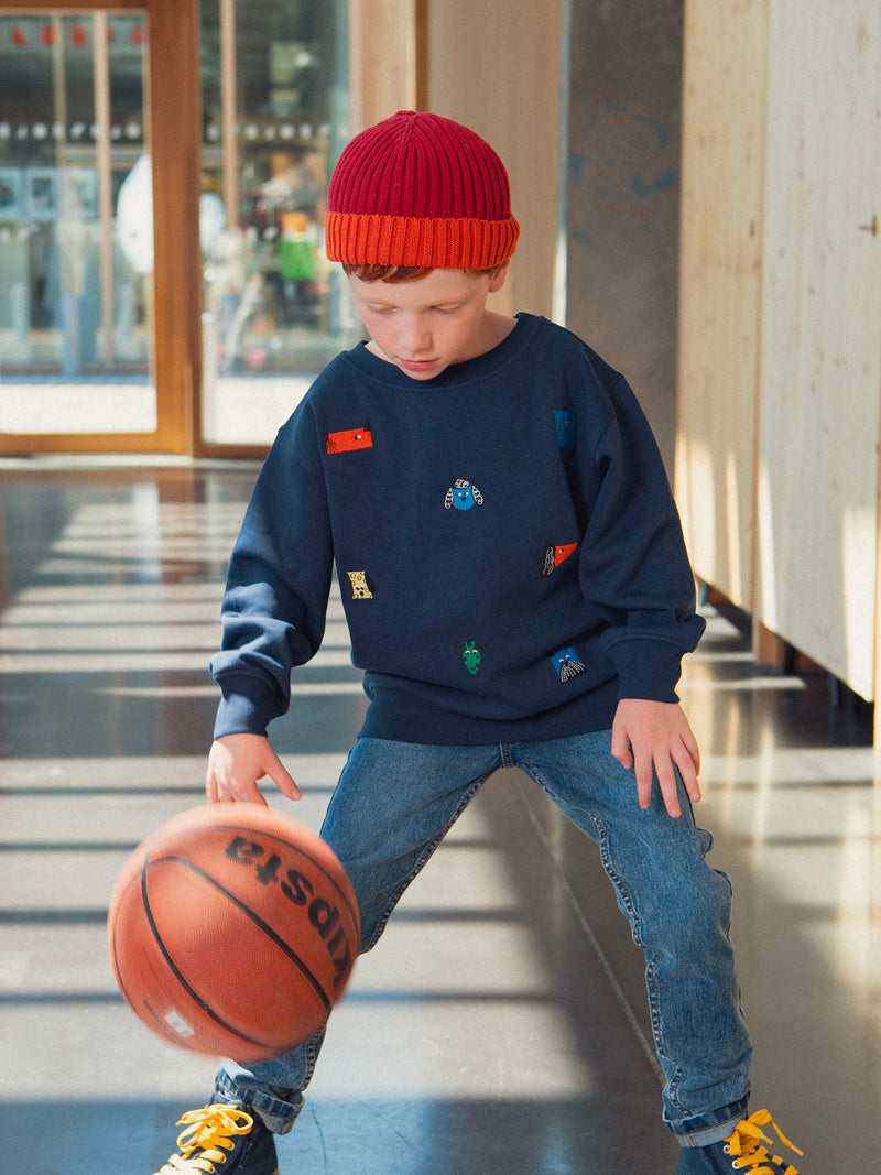 Navy-Sweatshirt mit Hundekopfstickereien für Jungen