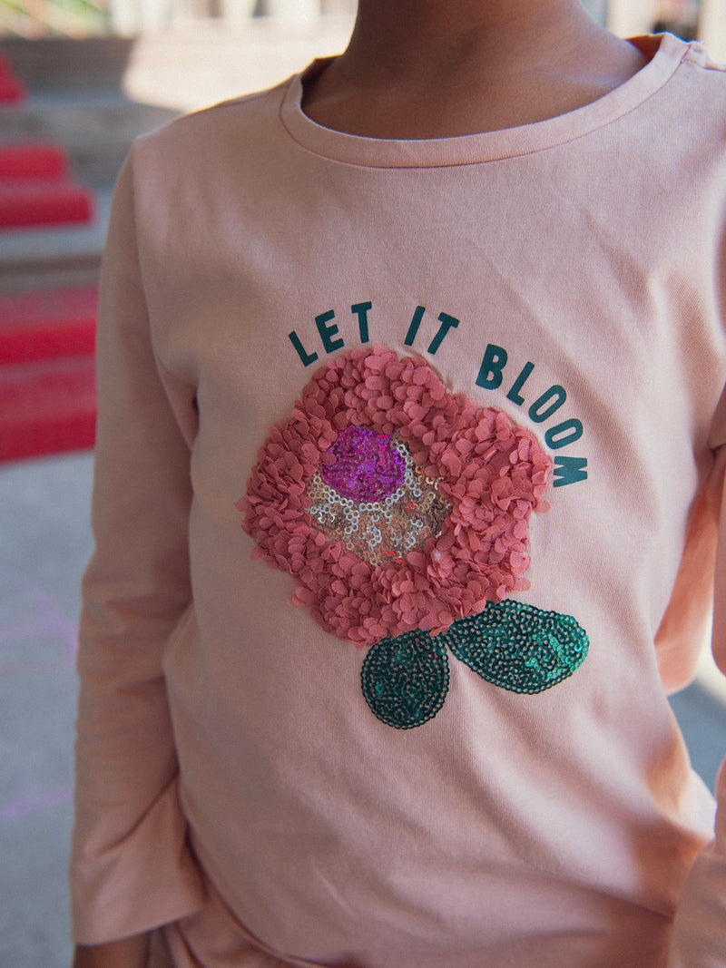 Rosa T-Shirt mit 3D-Blütenanimation und Pailletten für Mädchen