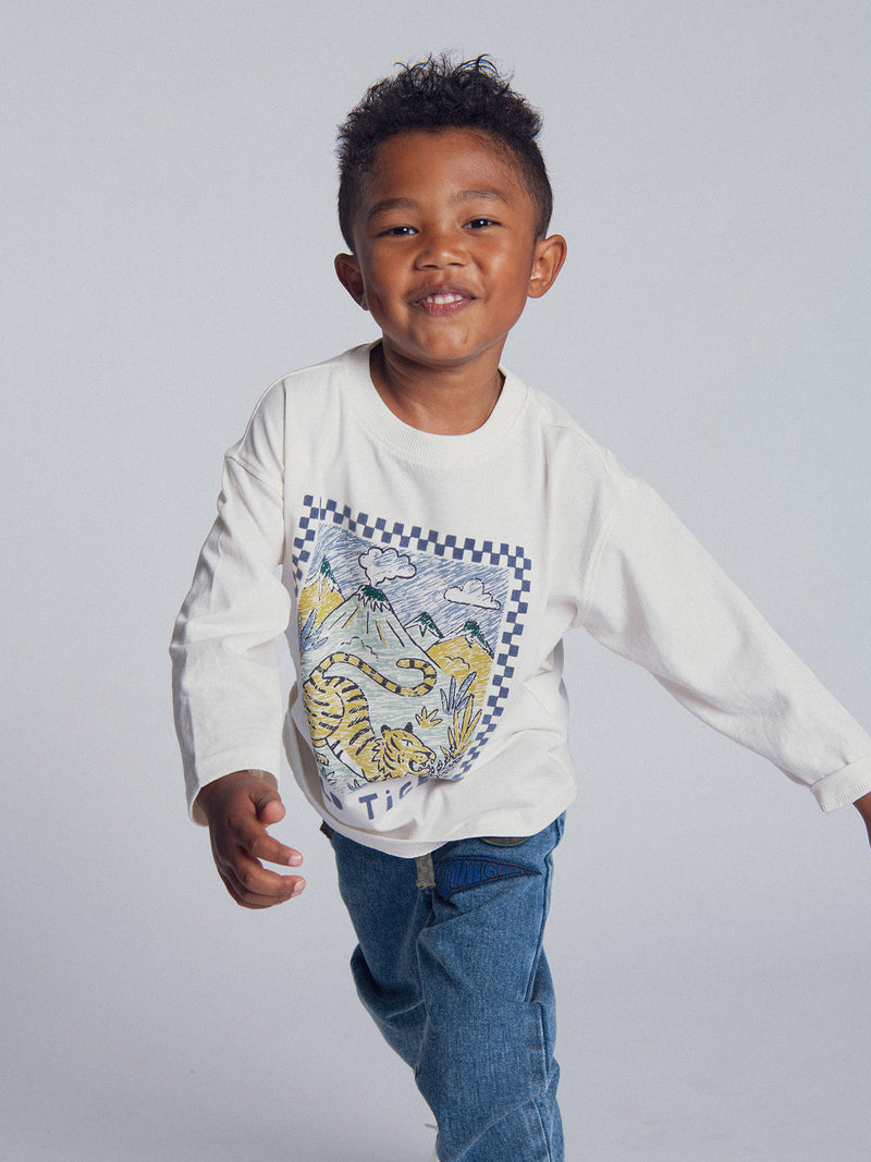 Ecru Langarm-T-Shirt mit Tigeranimation für Jungen