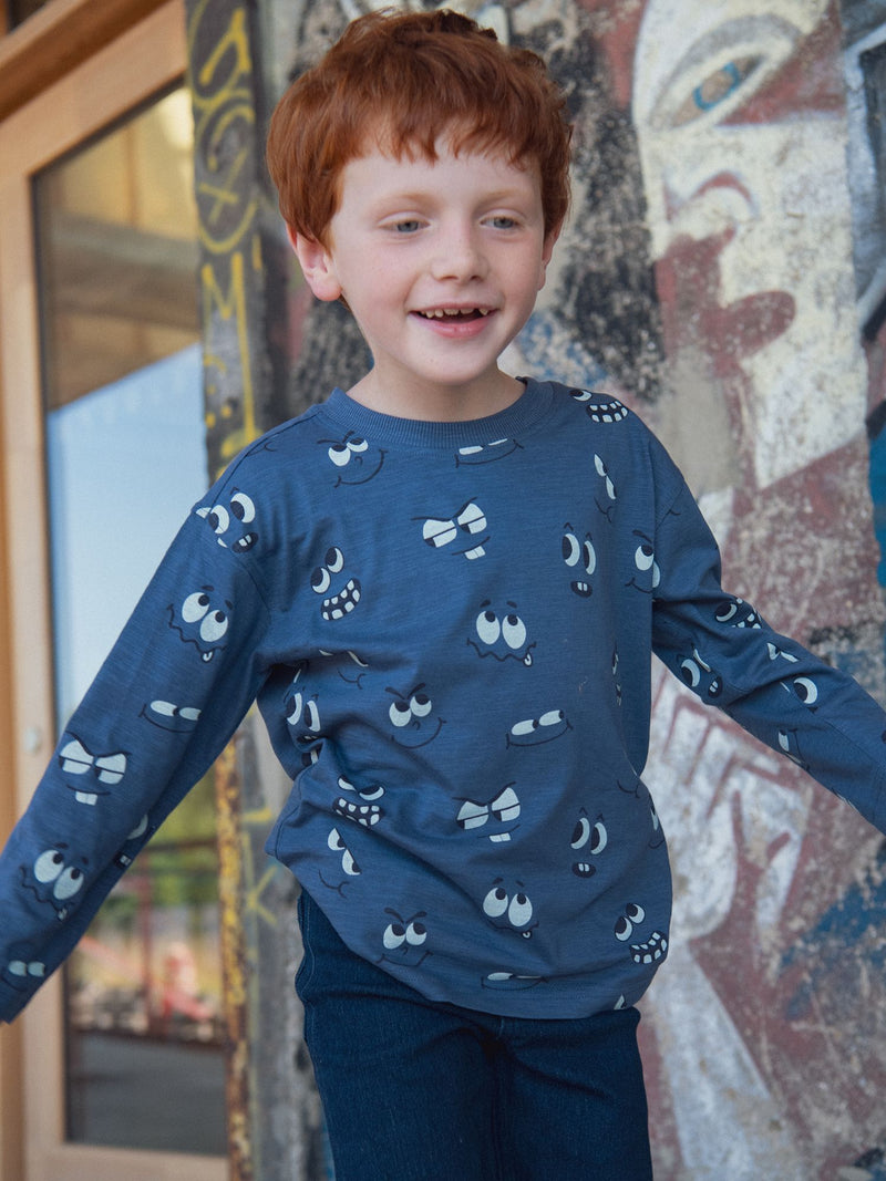 Blaues langärmliges T-Shirt mit phosphoreszierendem Augenprint für Jungen