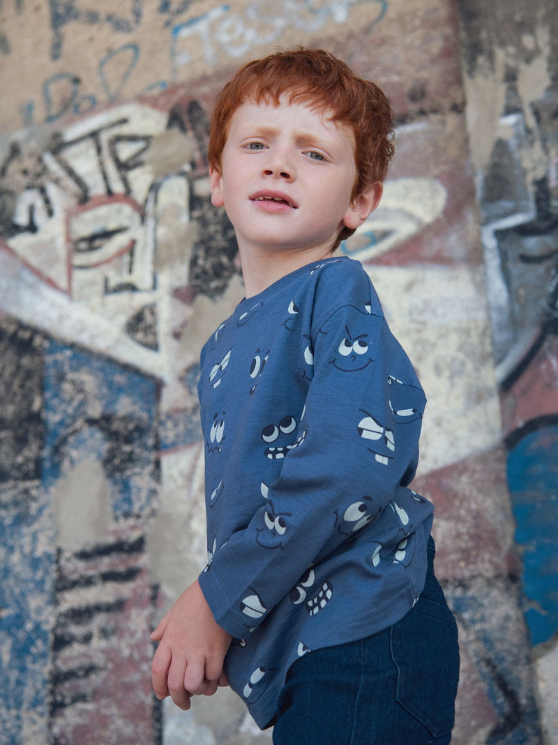 Blaues langärmliges T-Shirt mit phosphoreszierendem Augenprint für Jungen