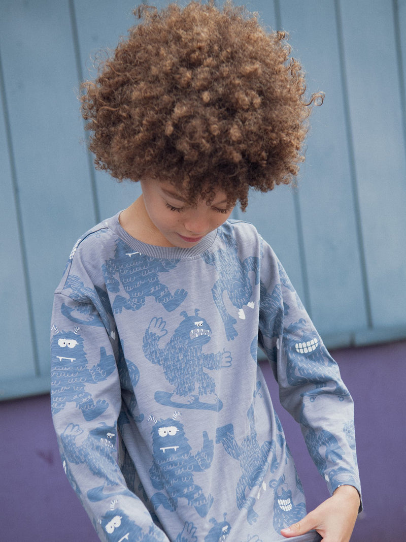 Blaues Langarmshirt mit Yeti-Druck für Jungen