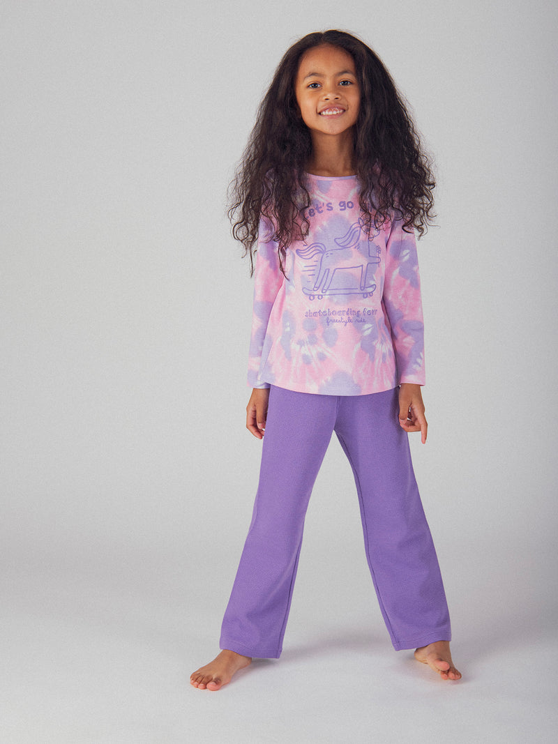 Lila Tie-Dye-Pyjama mit 'Pony Skateboarding Fever' Motiv für Mädchen