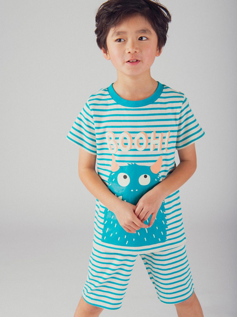 Kurzes phosphoreszierendes Pyjama mit Streifen und "Lustigem Monster"-Motiv für Jungen