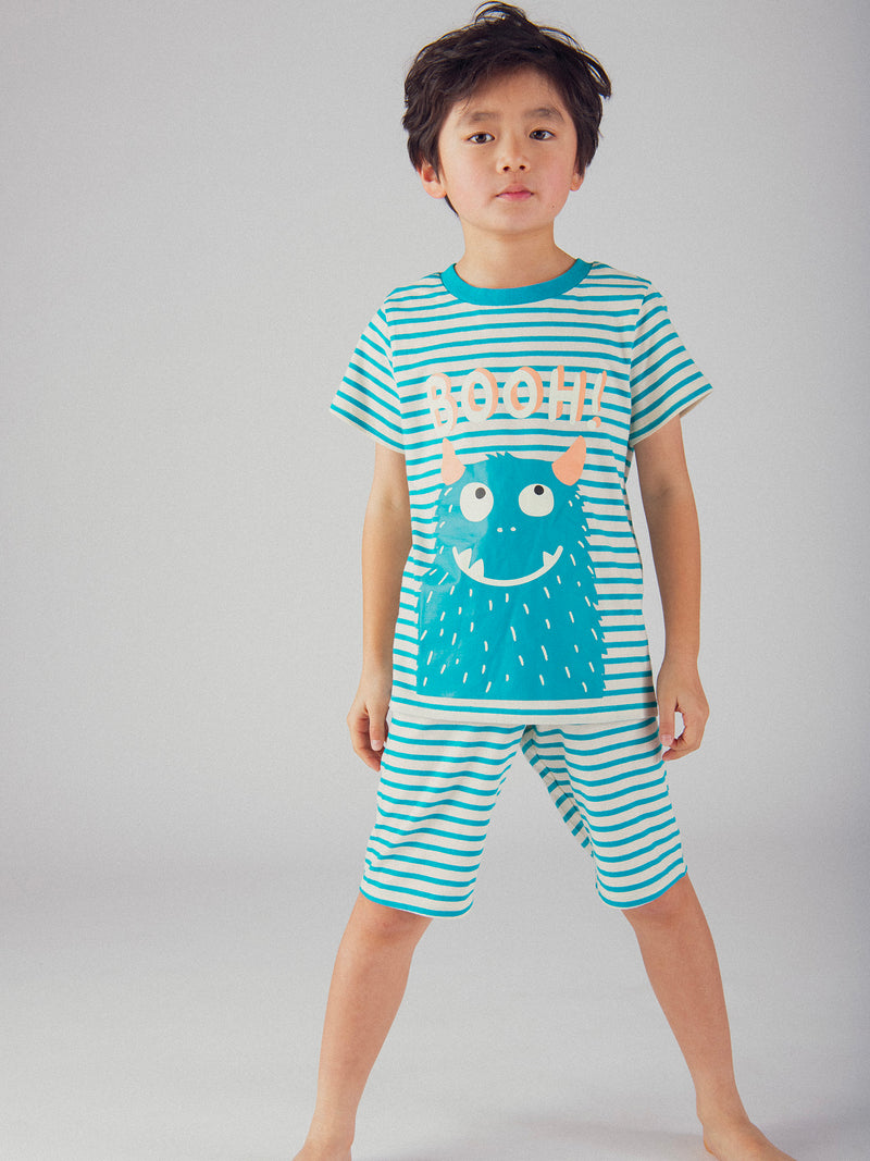 Kurzes phosphoreszierendes Pyjama mit Streifen und "Lustigem Monster"-Motiv für Jungen