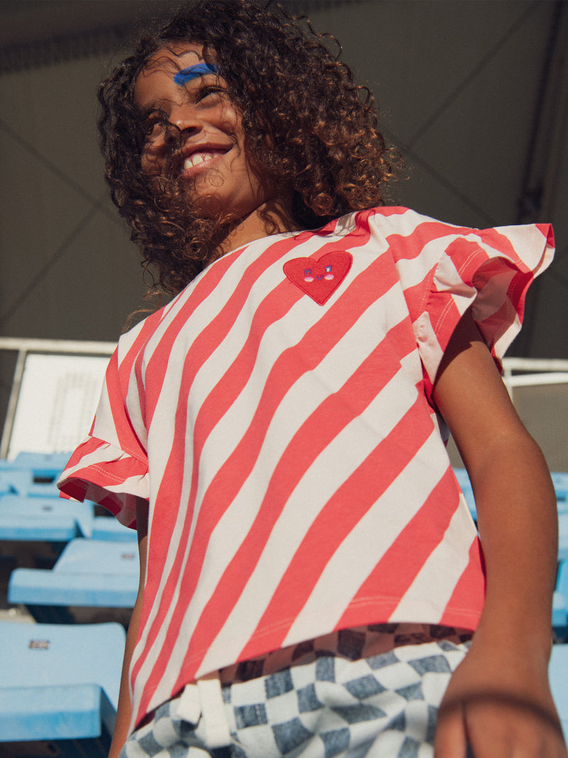 Rosa gestreiftes T-Shirt mit kurzen Ärmeln und Abzeichen für Mädchen