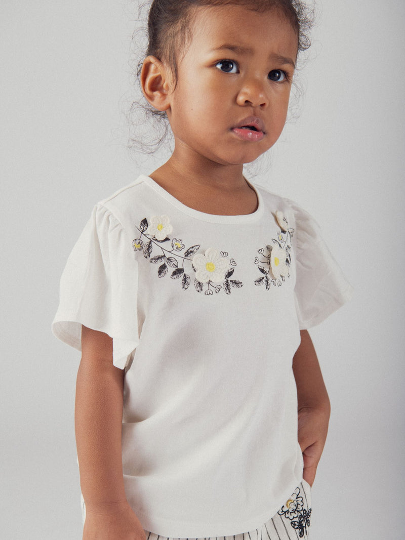 Ecru besticktes Blümchen-T-Shirt mit Rüschensleeves für Mädchen