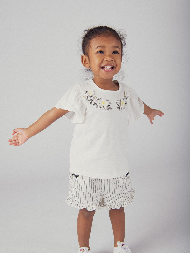 Ecru besticktes Blümchen-T-Shirt mit Rüschensleeves für Mädchen
