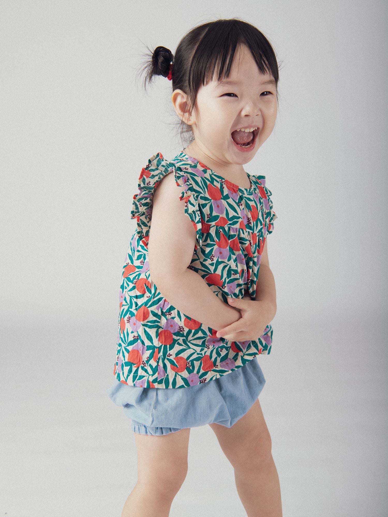 Ensemble top imprimé et bloomer en chambray pour bébé fille