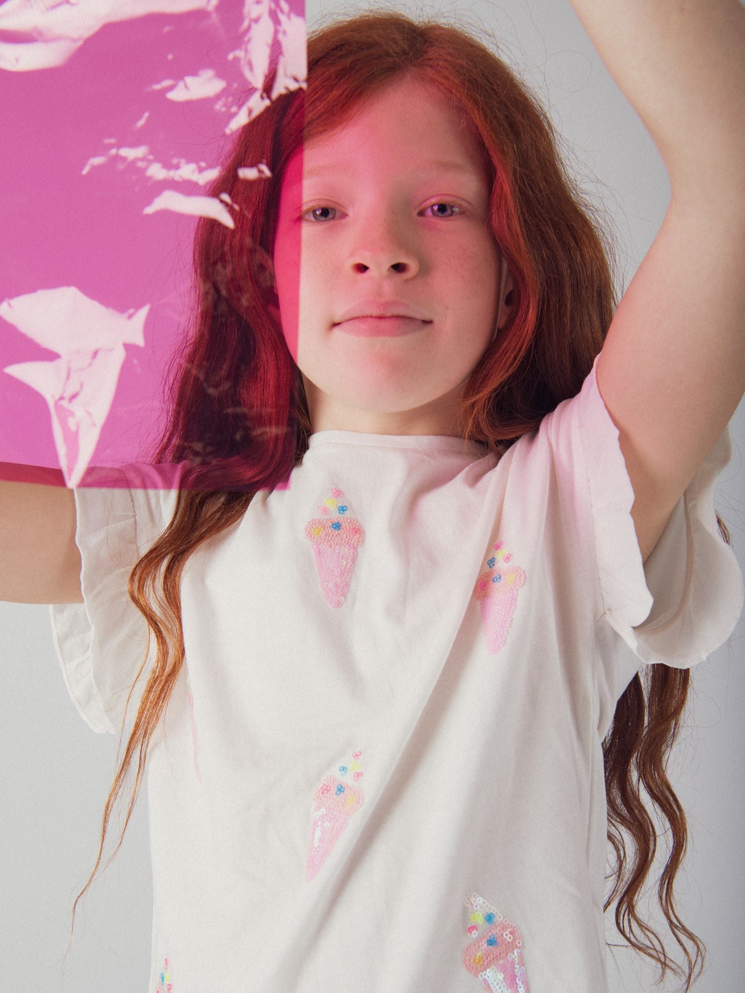 Ecru T-Shirt mit Glitzer-Eisanimation für Mädchen